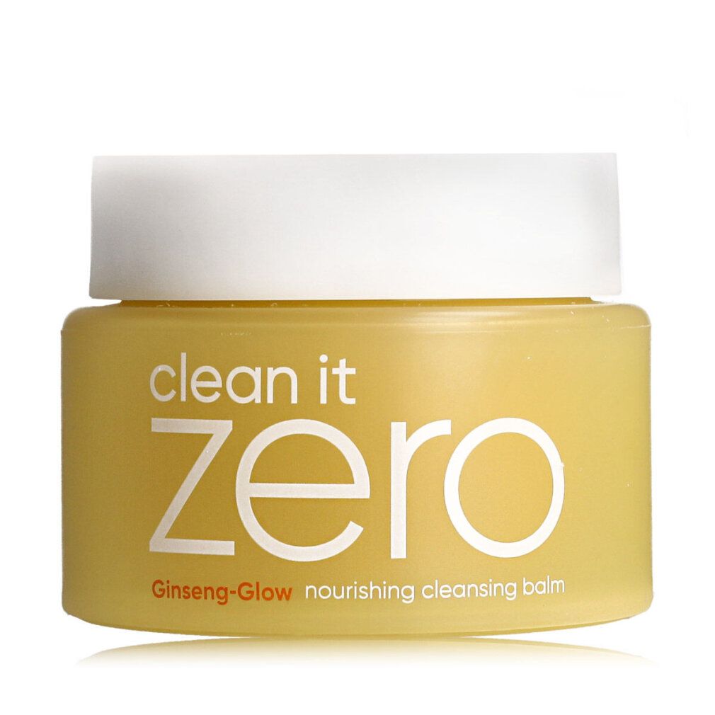 Pot jaune avec couvercle blanc, inscription 'clean it zero Ginseng-Glow nourishing cleansing balm'.