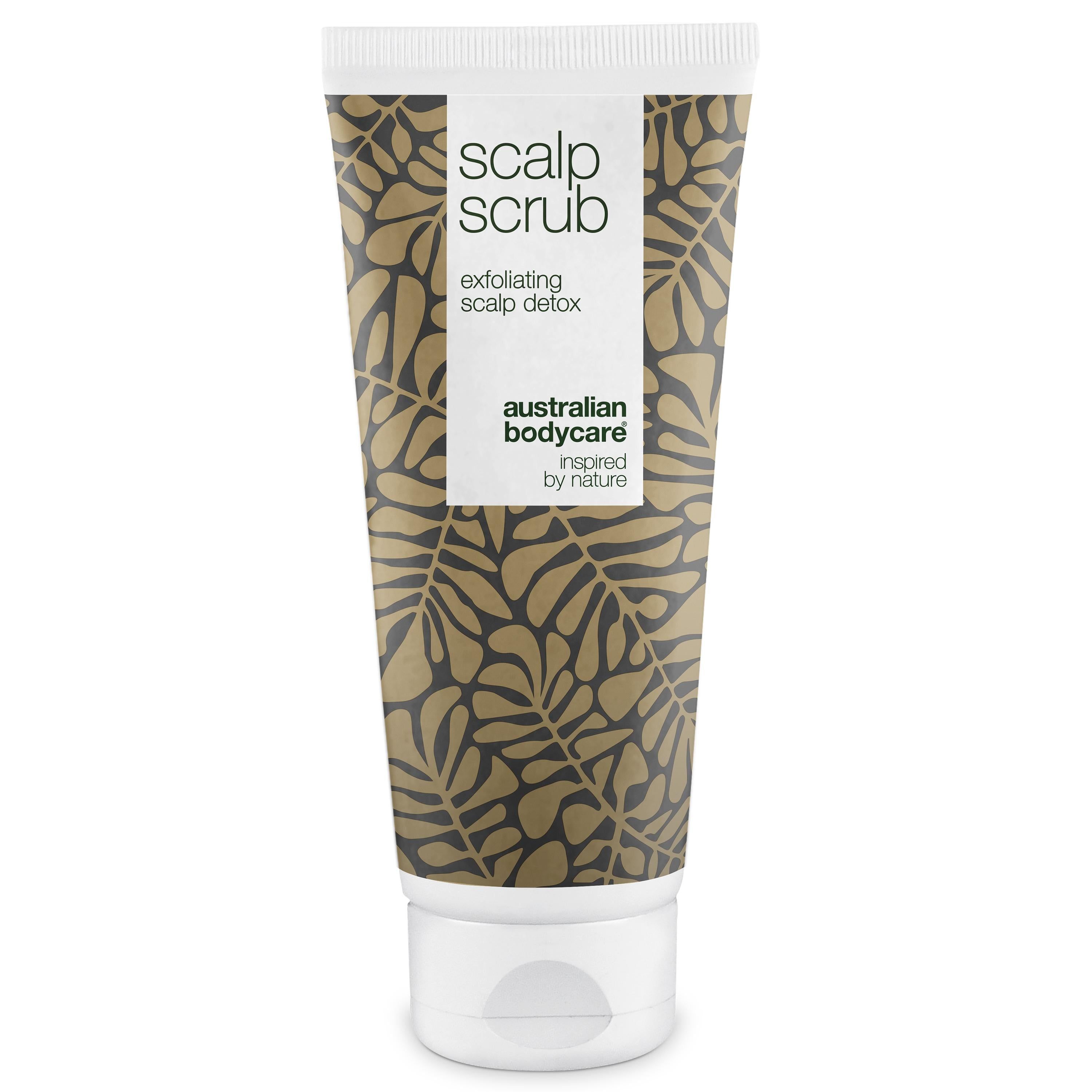 Tube de gommage pour cuir chevelu. Bouchon blanc, motif doré. Texte : Scalp Scrub, Australian Bodycare.
