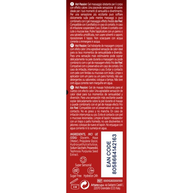Arrière d'une bouteille de gel lubrifiant et huile de massage Control Hot Passion 3-en-1 avec informations produit.