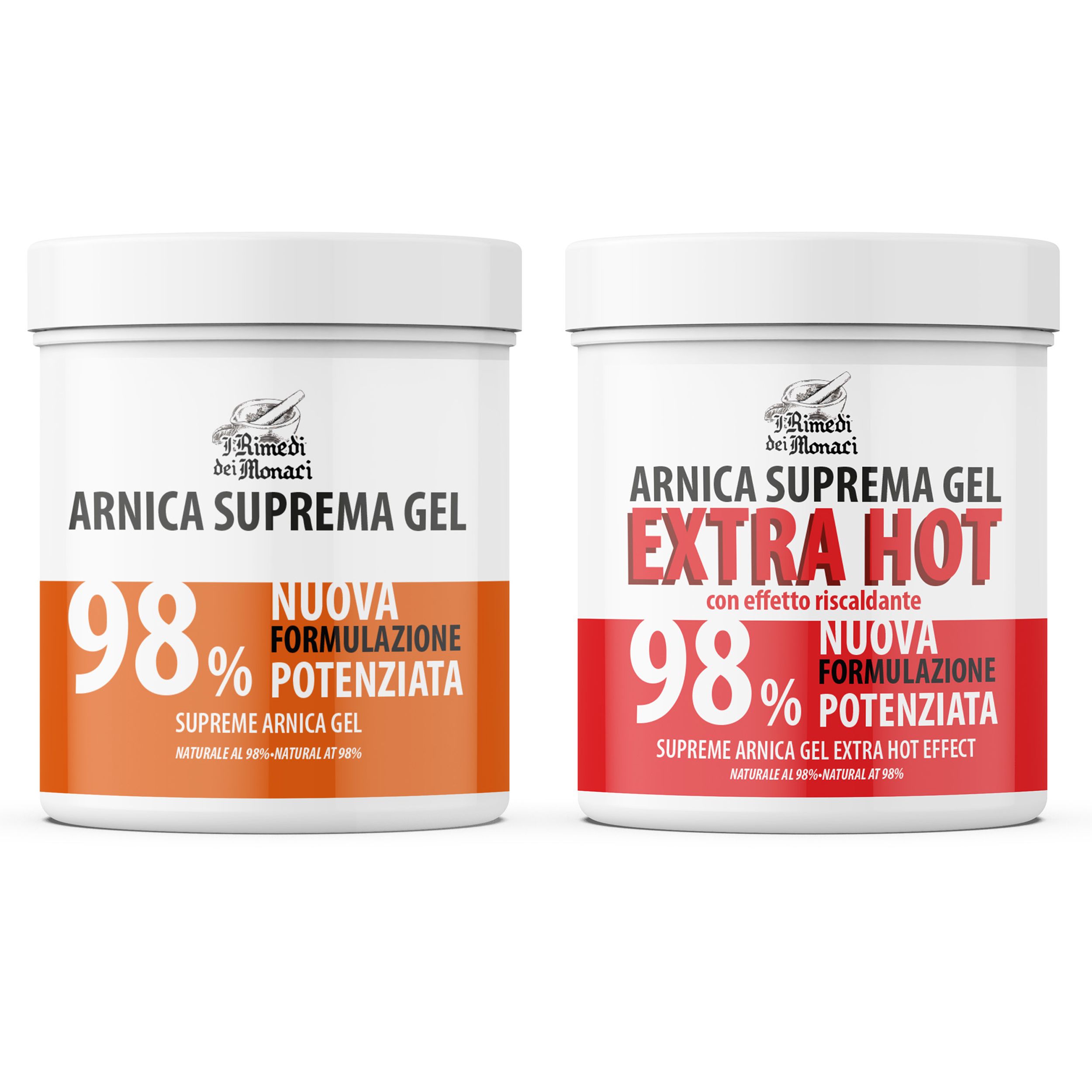 Twee witte potten. Links: Arnica Suprema Gel 98%. Rechts: Arnica Suprema Gel Extra Hot 98%.