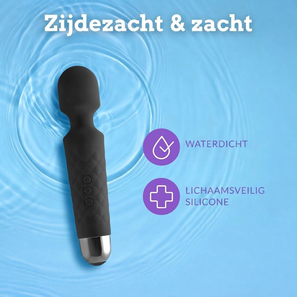 Zwarte massageapparaat met zilverkleurige accenten. Waterdicht en van lichaamsveilig siliconen.