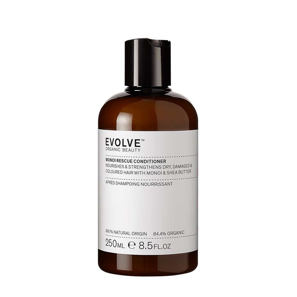 Bouteille brune avec étiquette blanche pour Evolve Organic Beauty Monoi Rescue Conditioner, 250ml.
