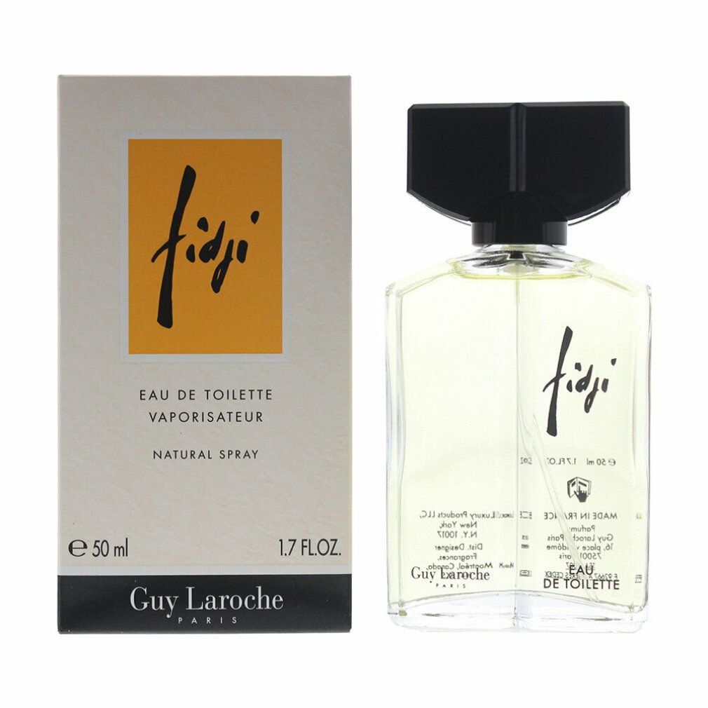 Fidji Eau de Toilette Spray van Guy Laroche. Fles en verpakking. Gele vloeistof in glazen fles met zwarte dop.
