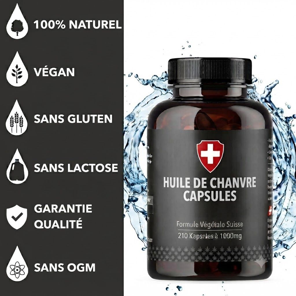 Bouteille brune de capsules d'huile de chanvre, 210 capsules à 1000mg. À gauche : icônes pour 100% naturel, végan, sans gluten, sans lactose, garantie qualité, sans OGM.