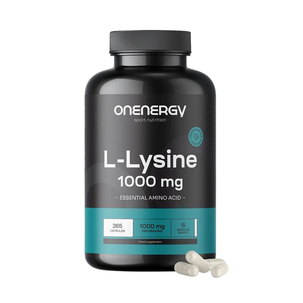 Zwarte fles met witte capsules. Opschrift: OnEnergy L-Lysine 1000 mg. 365 capsules. Essential Amino Acid.