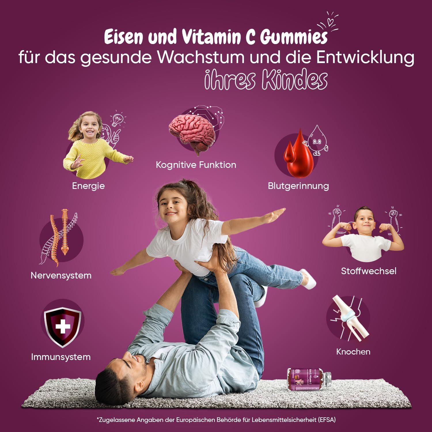 Kinderen en ouders. Grafieken tonen: energie, cognitieve functie, bloedstolling, zenuwstelsel, immuunsysteem, botten, stofwisseling.
