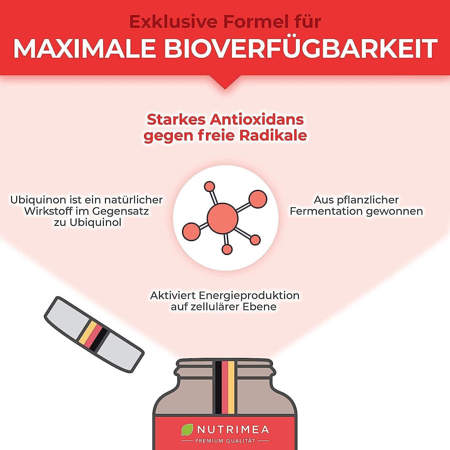 Grafiek met informatie over maximale biologische beschikbaarheid. Toont een fles met het product en een capsule.