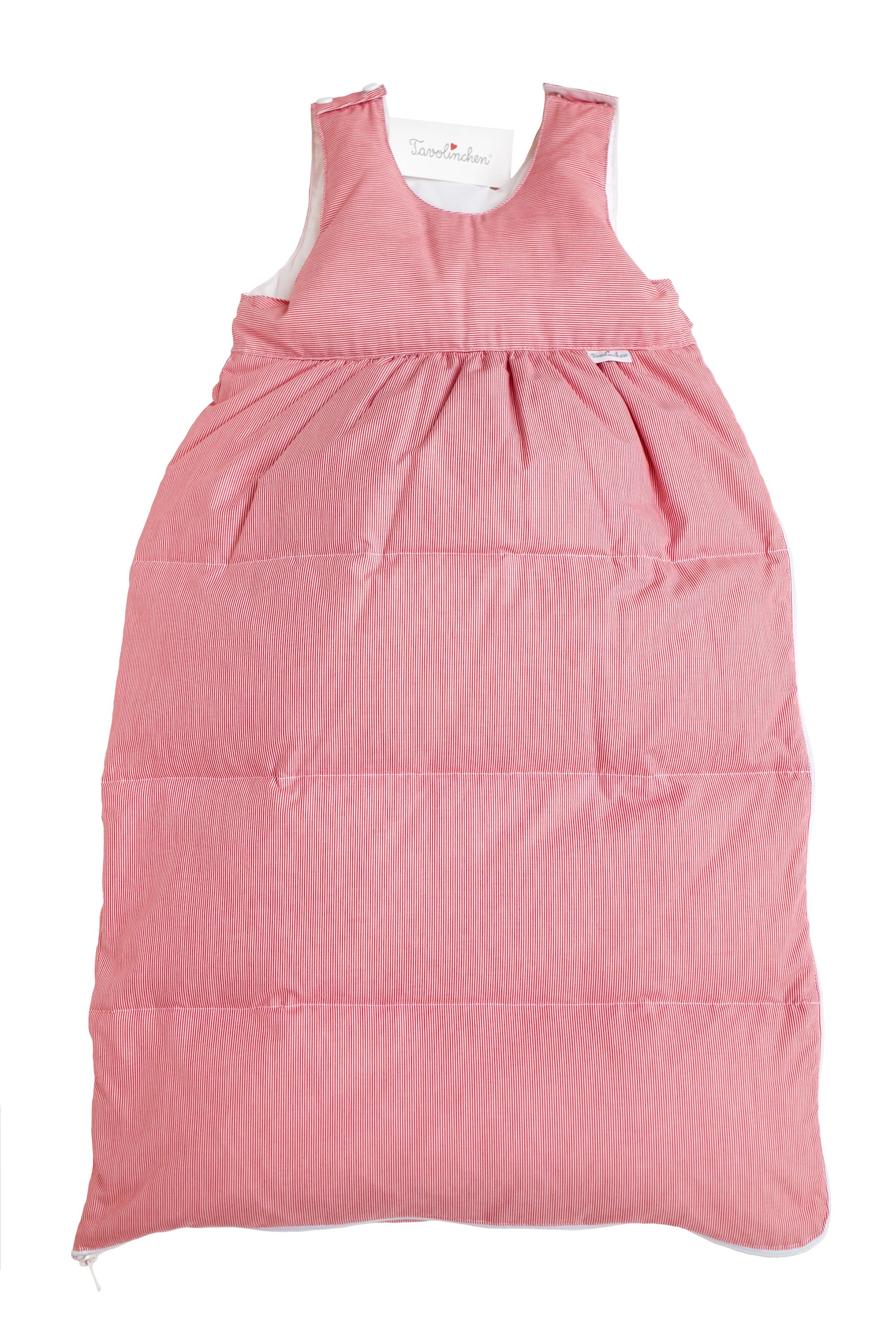 Gigoteuse à rayures rouges et blanches. Coutures matelassées. Doublure blanche. Étiquette avec logo.