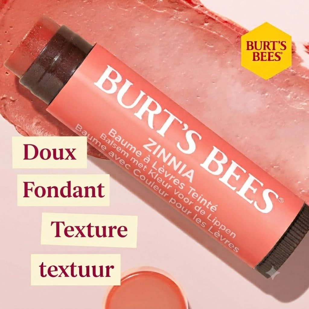Baume à lèvres teinté Burt's Bees Zinnia dans un tube corail.