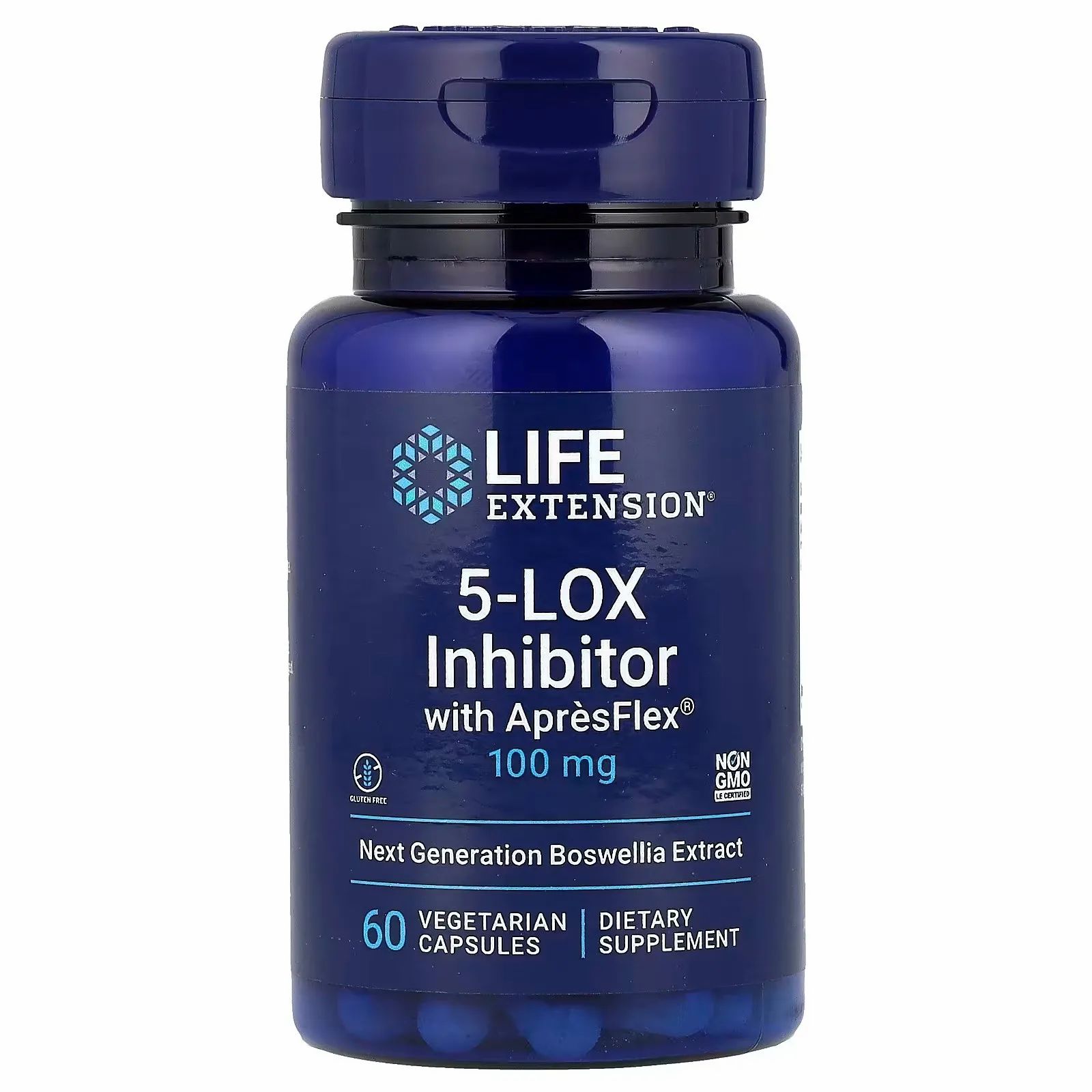 Contenant de capsules Life Extension 5-LOX Inhibitor avec ApresFlex 100 mg, 60 capsules végétariennes.