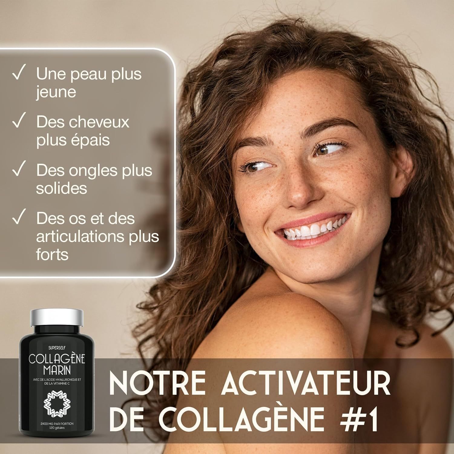 Bouteille foncée avec étiquette 'Collagen Marin' et bouchon blanc.