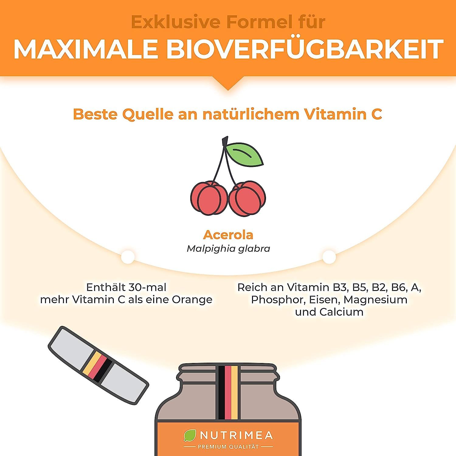 Infographie: Biodisponibilité maximale. Cerises Acerola. Contient plus de vitamine C qu'une orange. Riche en vitamines et minéraux. Flacon avec étiquette.