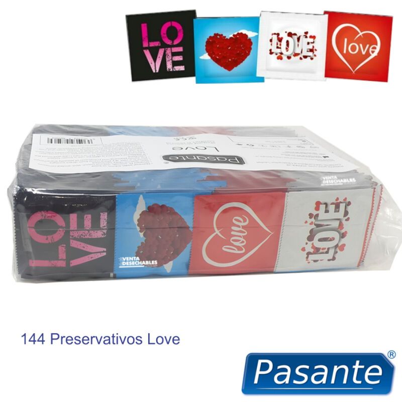 Emballage de préservatifs. Emballages individuels avec design « LOVE » et cœurs. Inscription : 144 Preservativos Love. Logo : Pasante.