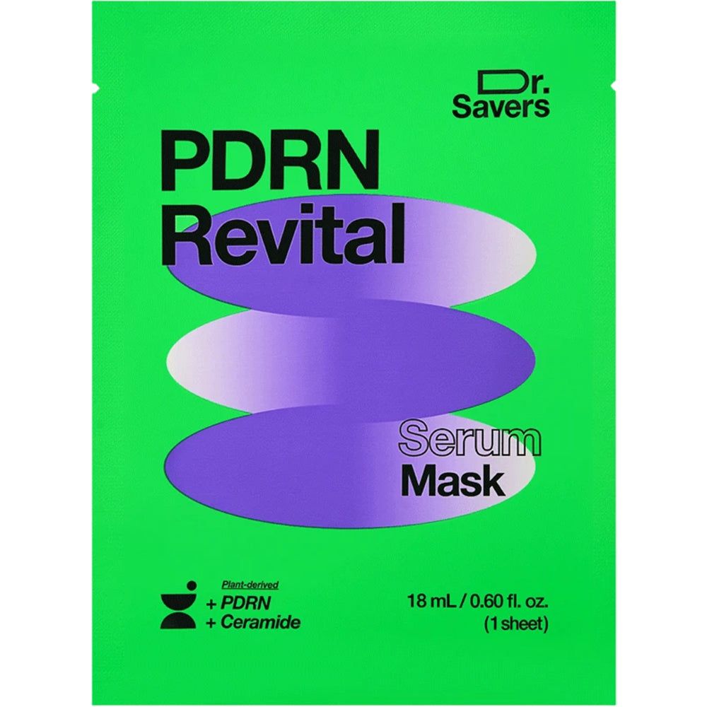 Pochette verte avec inscription 'PDRN Revital Serum Mask', éléments violets et blancs.