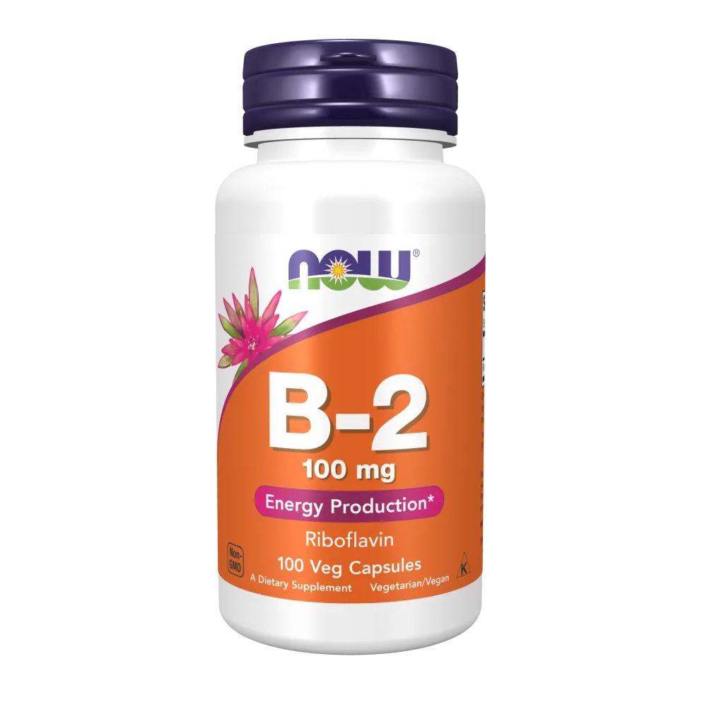 Witte fles met paarse dop. Opschrift B-2, 100 mg, Riboflavine, 100 Veg Capsules. Merk NOW.
