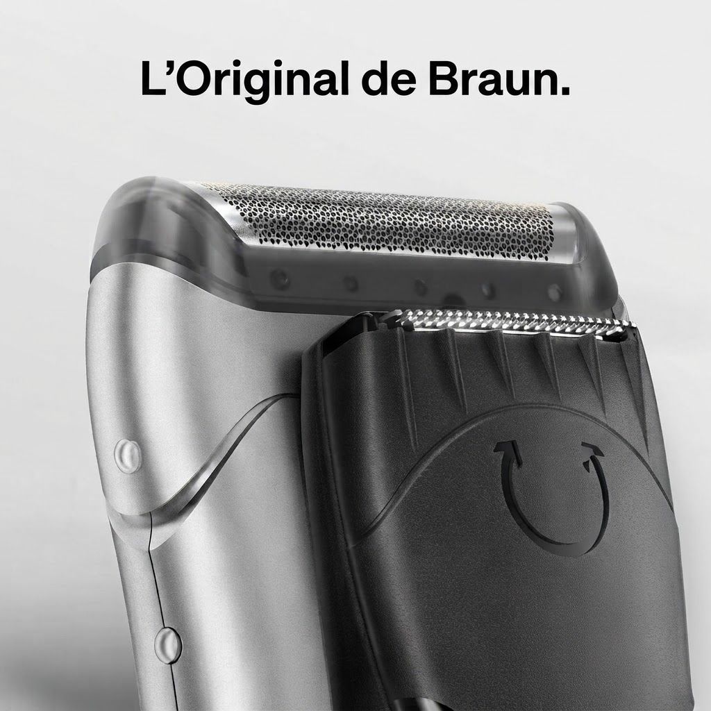 Gros plan d'un rasoir argenté avec tête de rasage noire et protection. Logo Braun en haut.