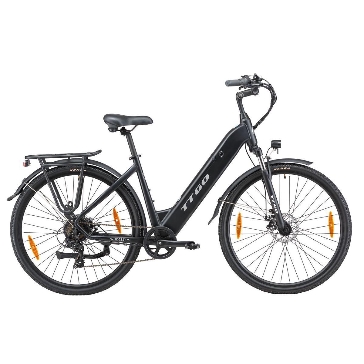 Vélo électrique noir TTGO. Porte-bagages, garde-boue, phares et réflecteurs. Pneus Kenda.