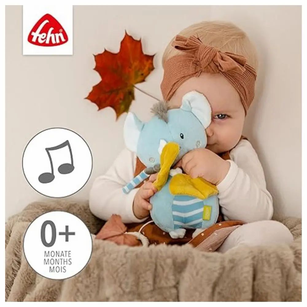 Baby houdt vleermuismuziekdoos vast. Tekst: 0+ maanden. Fehn-logo. Muzieksymbool.