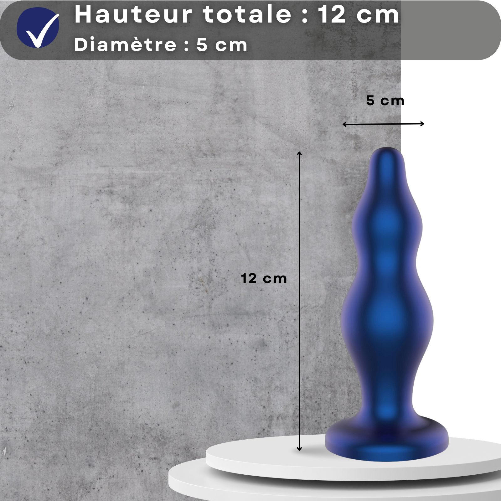 Plug anal bleu métallisé en silicone. Forme ergonomique. Avec base. 12 cm.