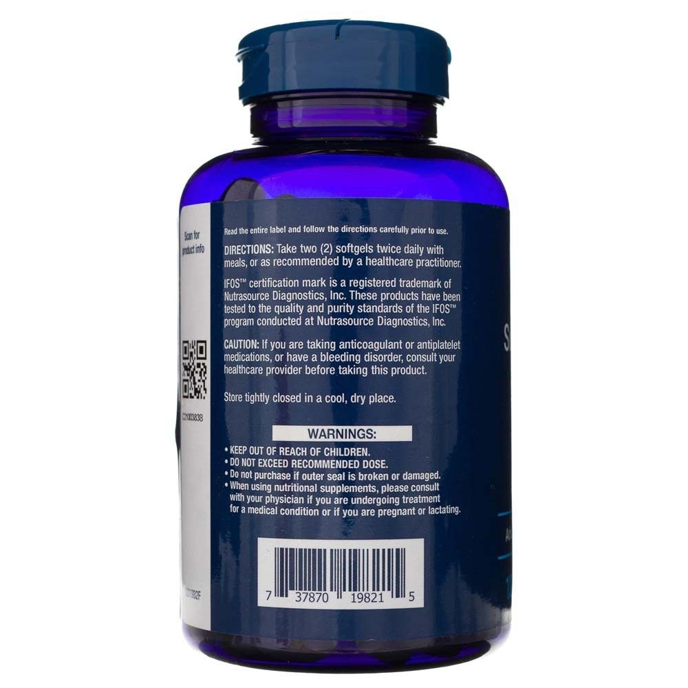Dos d'une bouteille Life Extension Super Omega-3 avec avertissements et instructions.