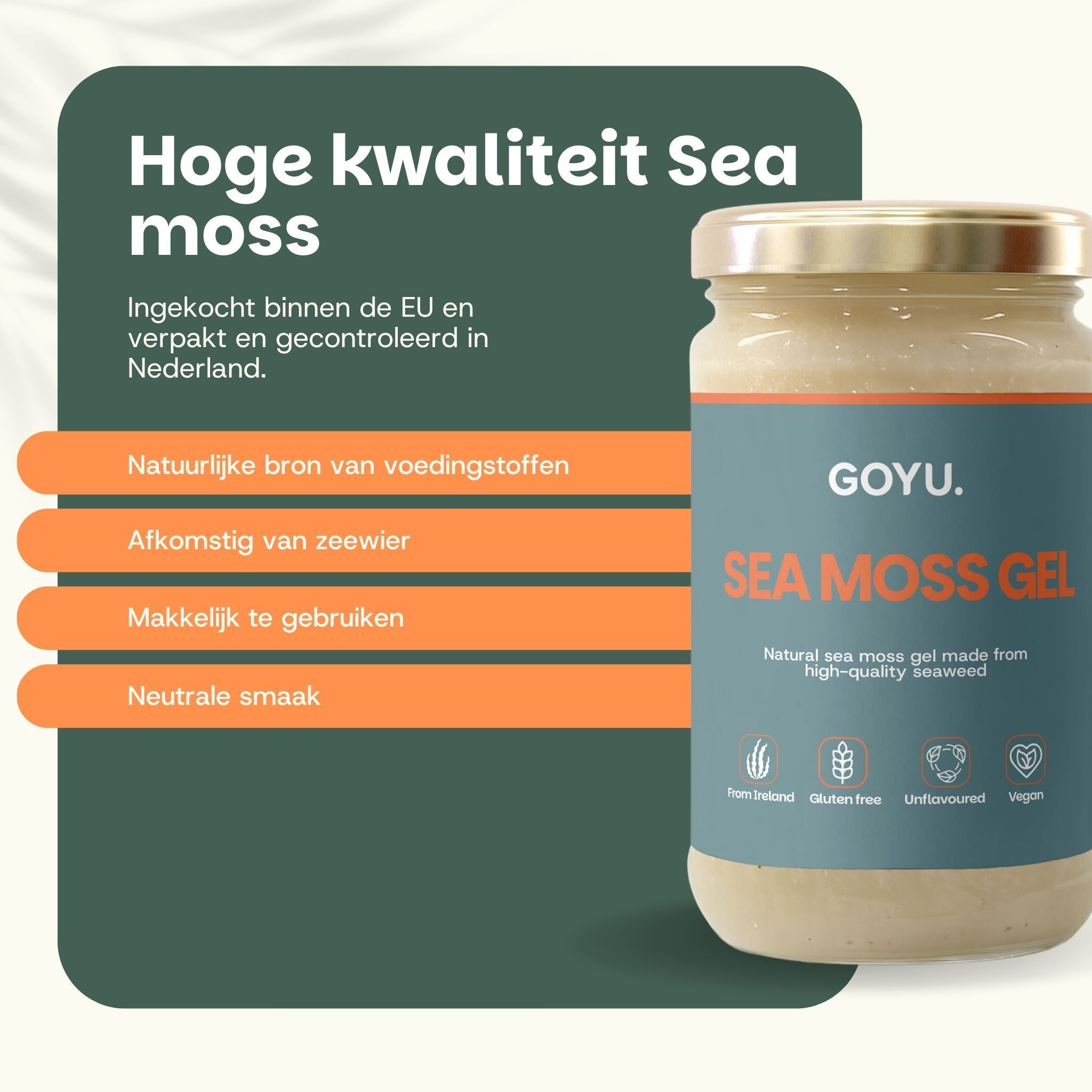 Een pot GOYU Sea Moss Gel naast een lijst met productkenmerken.