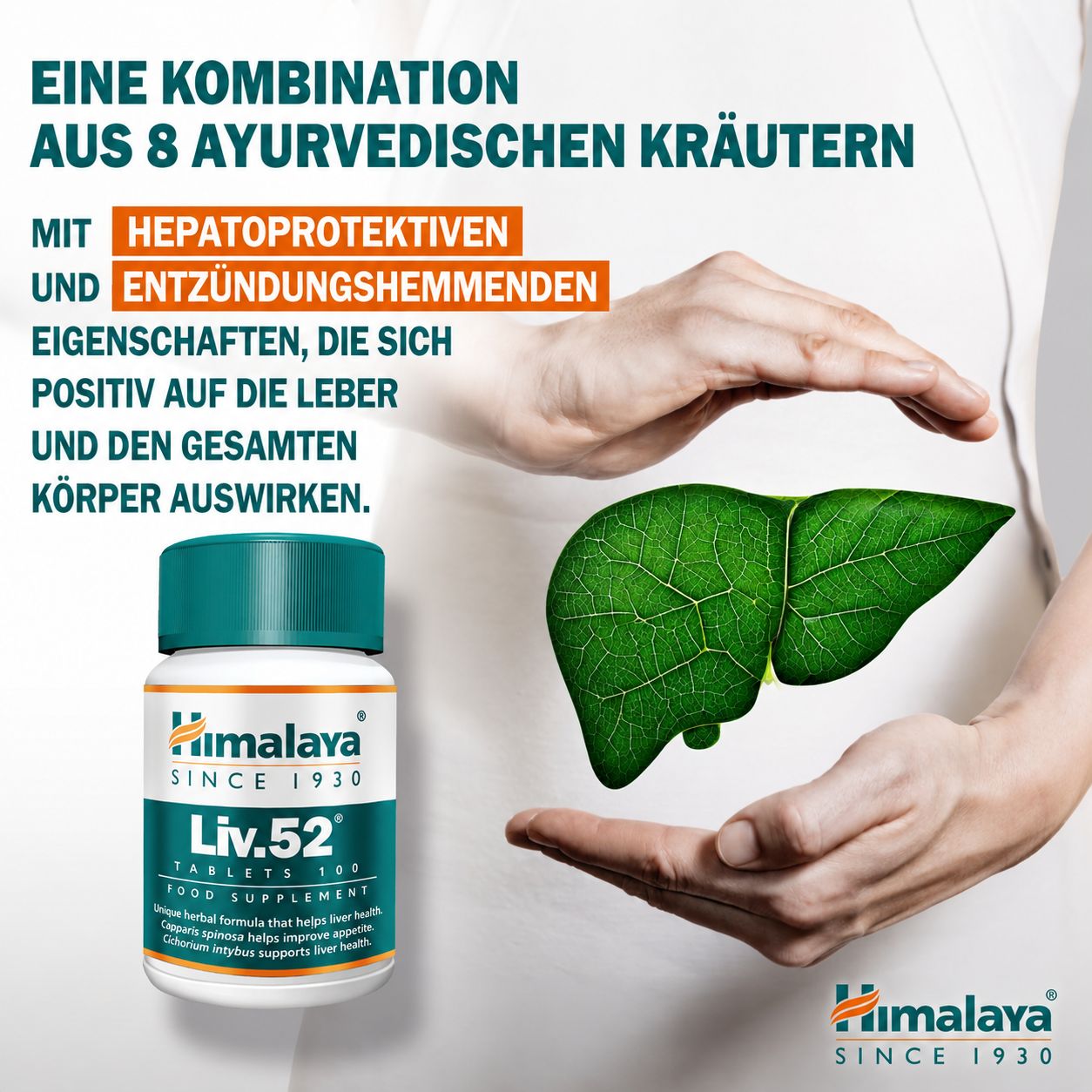 Himalaya Liv.52 Tabletten: Fles en handen die een gestileerde lever omringen.