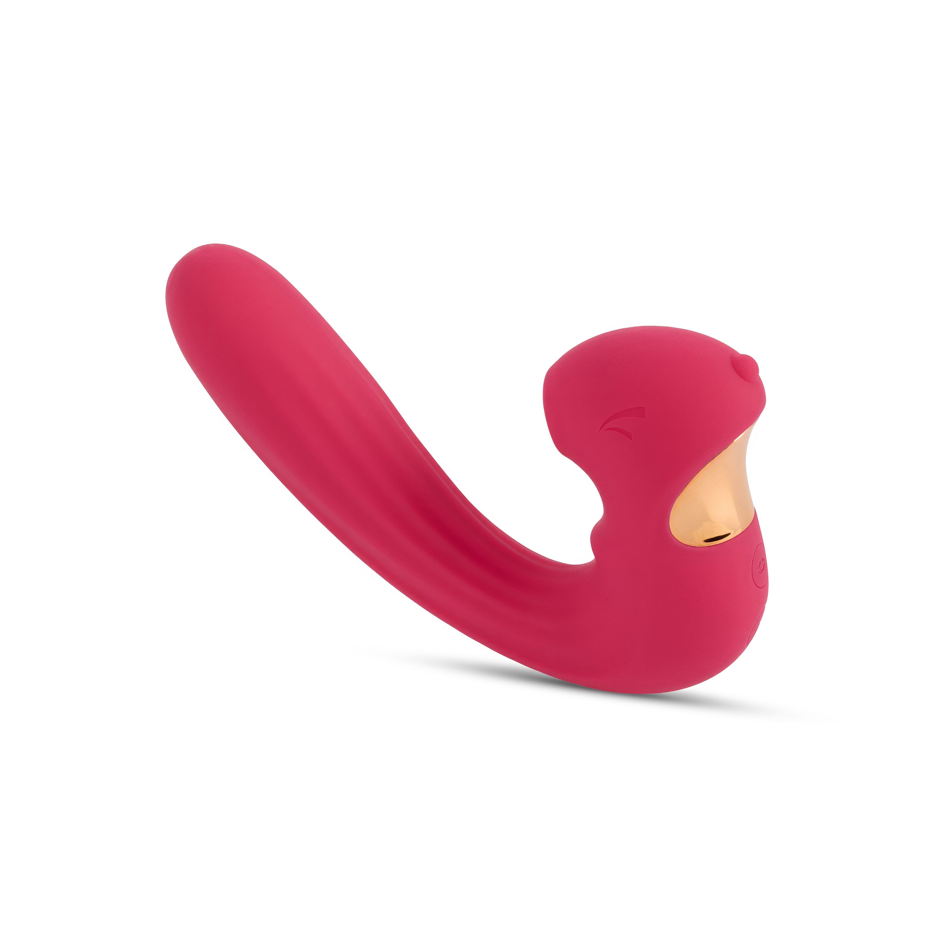 Vibrateur rose avec surface cannelée et accent doré. Forme incurvée avec extrémité arrondie.