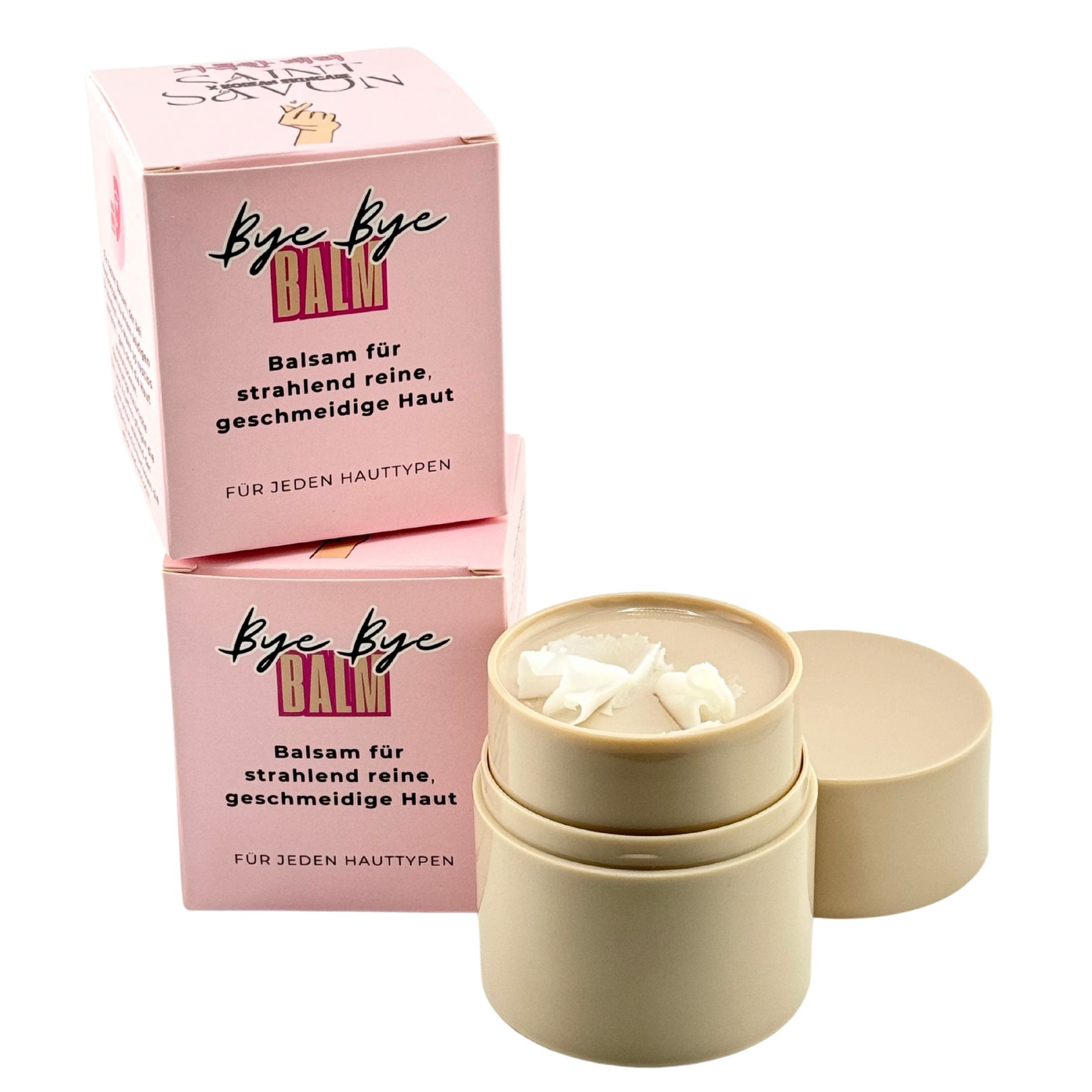 Beige balsem in ronde houder met witte inhoud. Twee roze dozen met tekst.