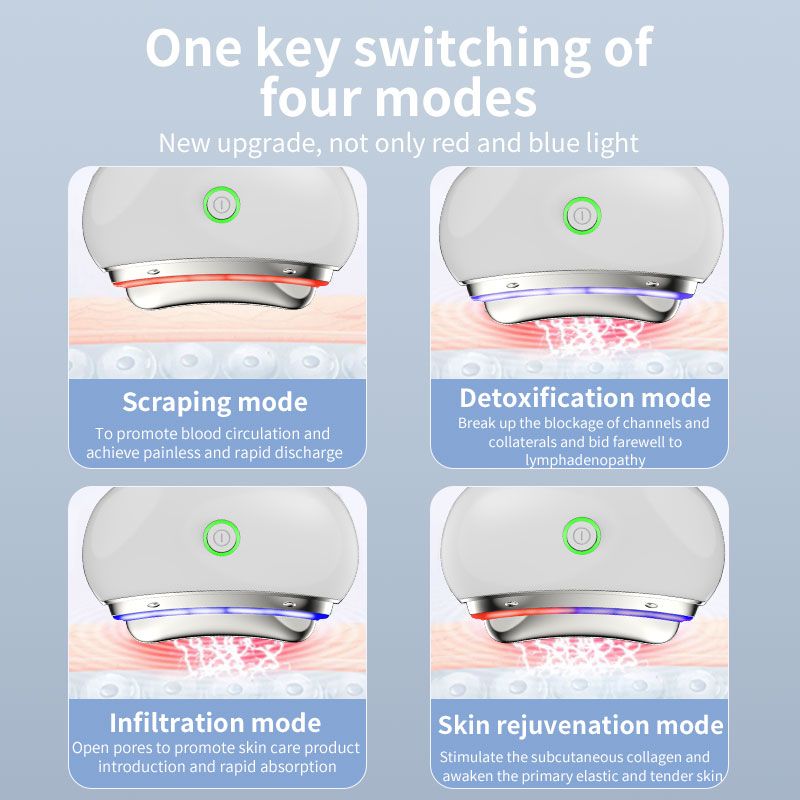 Quatre modes de l'appareil de lifting facial. Modes: grattage, détoxification, infiltration, rajeunissement de la peau. Lumière rouge et bleue.