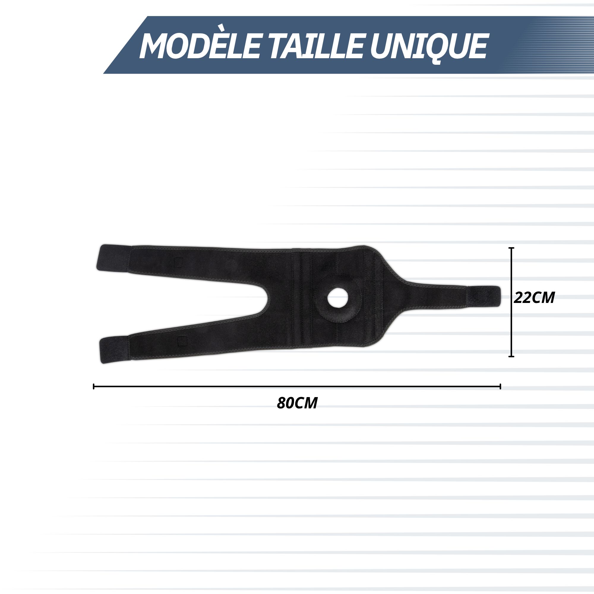 Genouillère noire, dépliée à plat, mesurant 80cm x 22cm.