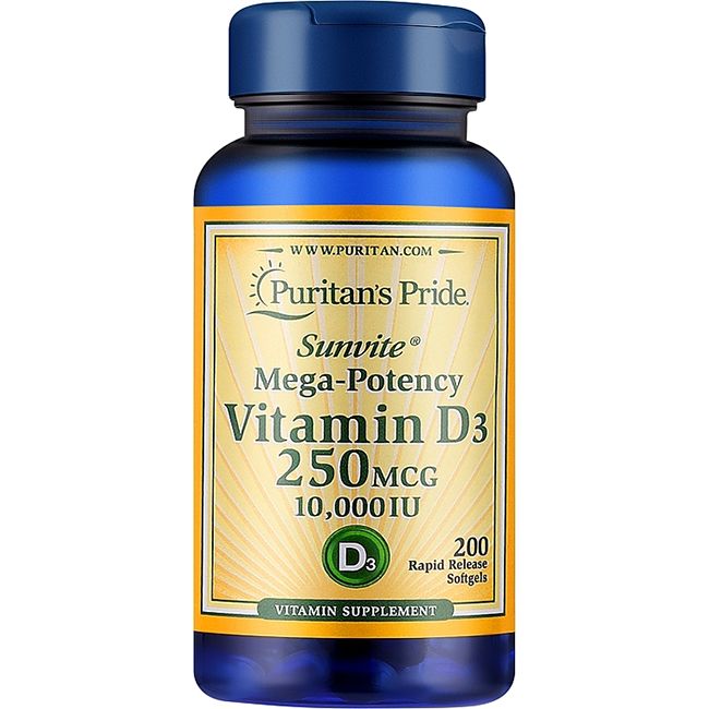 Flacon bleu avec étiquette jaune. Inscription: Puritan's Pride, Sunvite, Vitamine D3 250 mcg, 10 000 UI. 200 gélules.