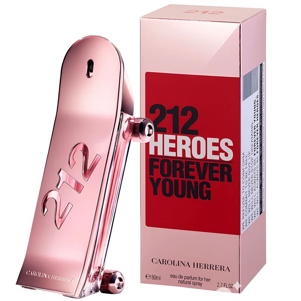 Roze fles en verpakking. Opschrift "212 Heroes Forever Young" en "Carolina Herrera".
