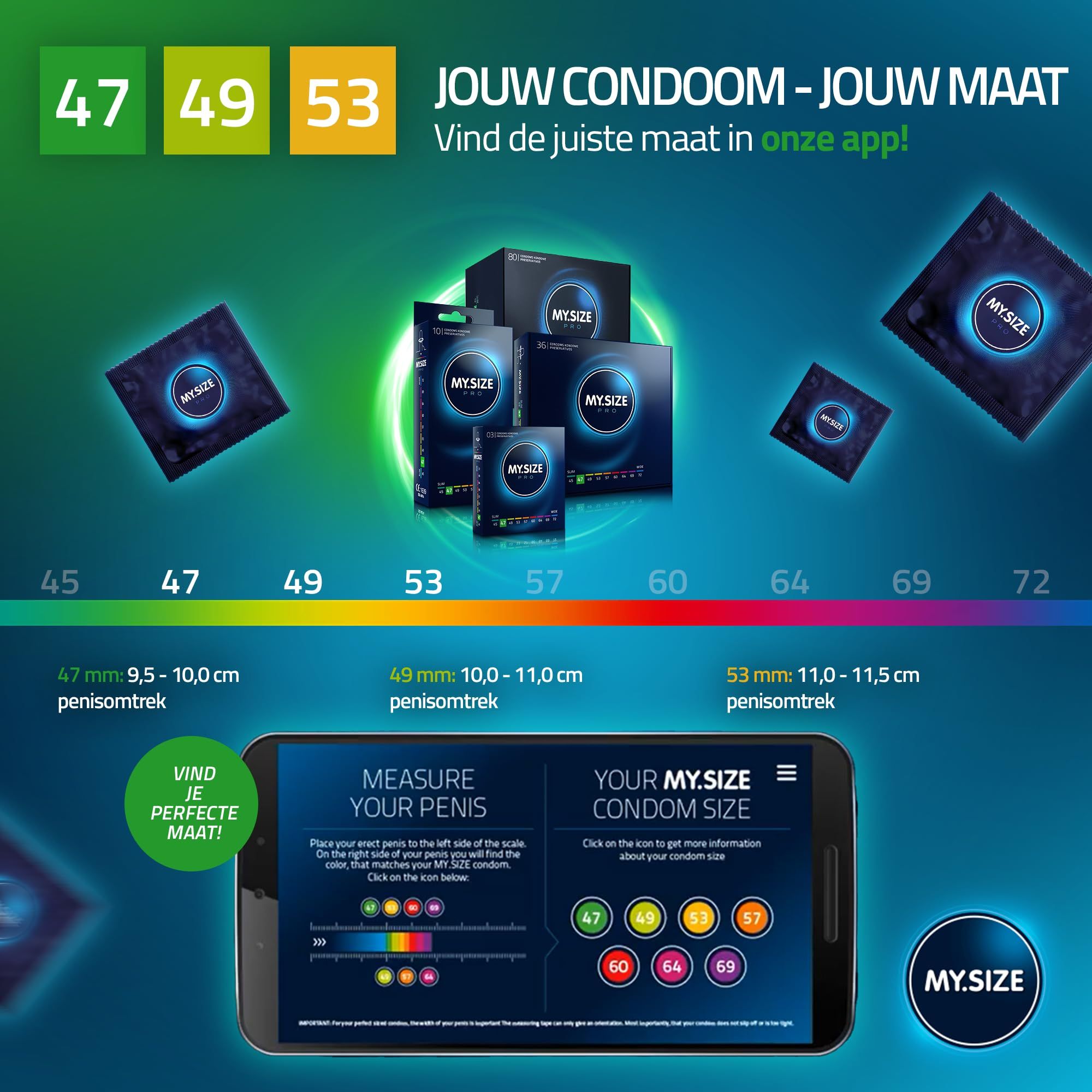 Stel omhelst elkaar, omringd door My.Size PRO condoomverpakkingen en individuele condooms.