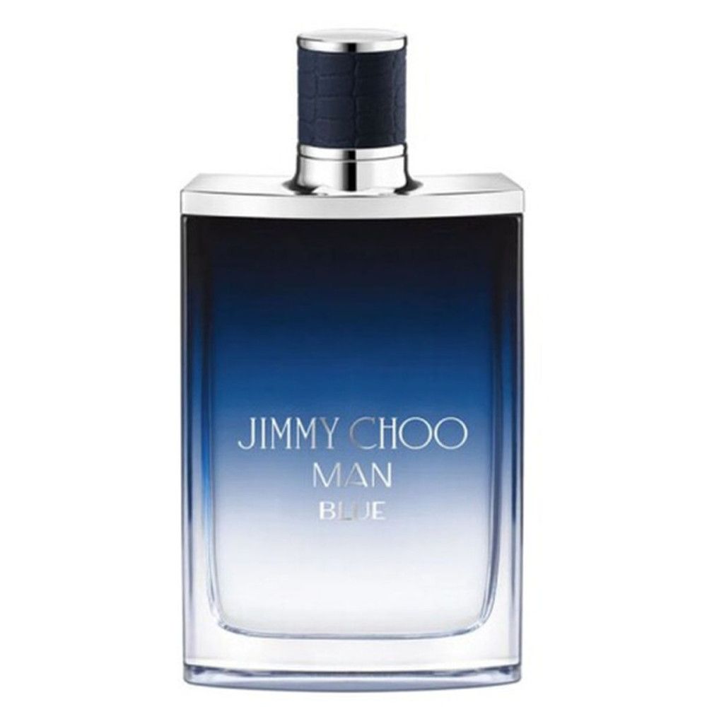 Rechthoekige fles Jimmy Choo Man Blue. Blauw-transparante vloeistof. Zwarte dop met zilveren ring.