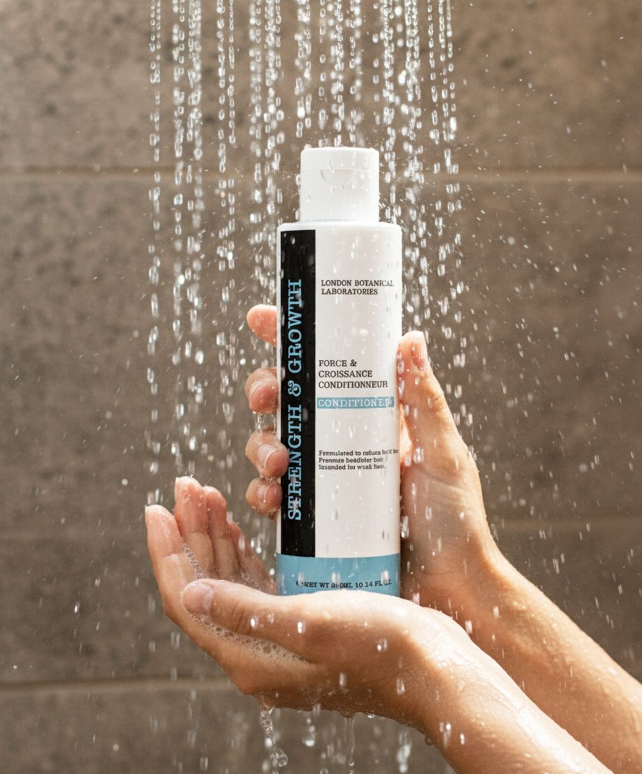 London Botanical Laboratories Strength & Growth Conditioner in een hand onder de douche.