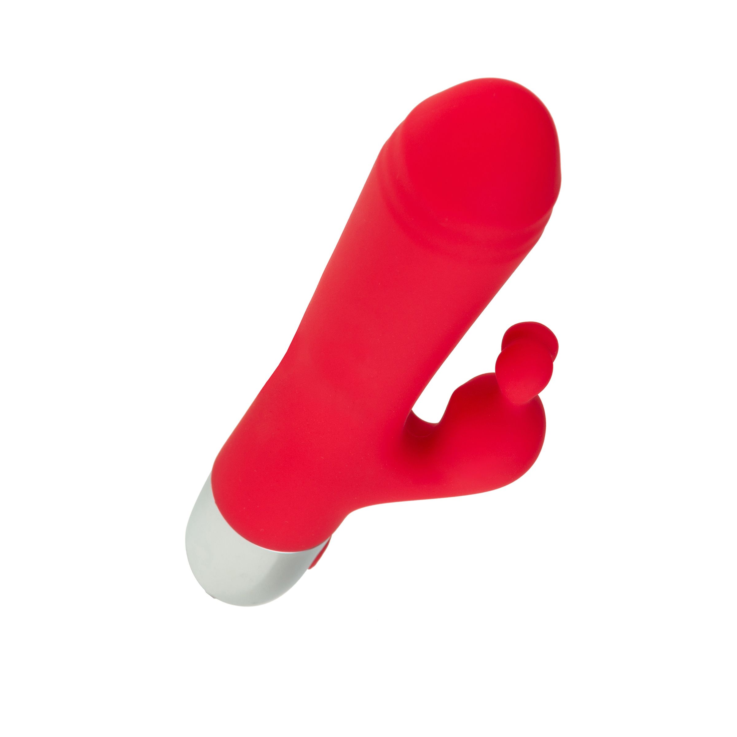 Vibrateur rouge avec embout incurvé et extrémité argentée. Un bouton. En silicone.