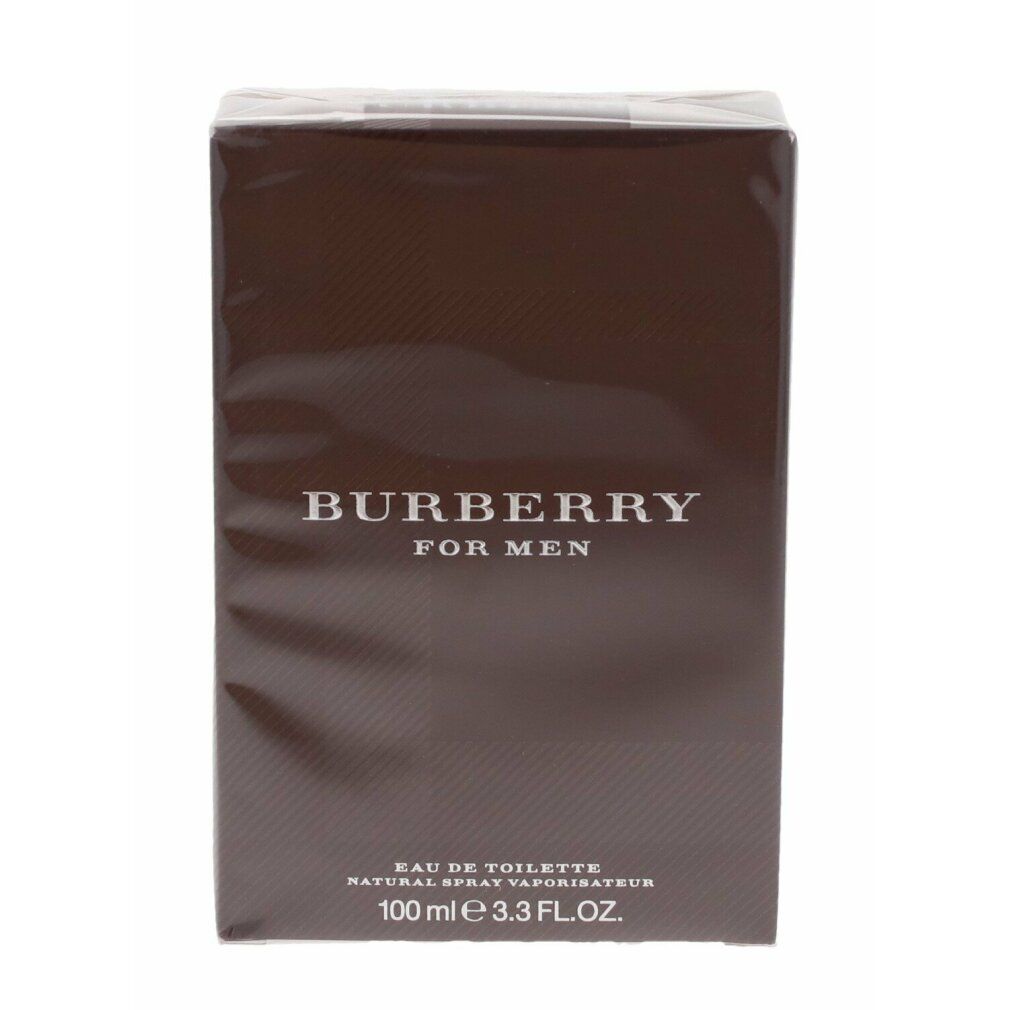 Emballage Burberry For Men Eau de Toilette. Boîte rectangulaire marron. Inscription Burberry For Men. Texte en dessous.