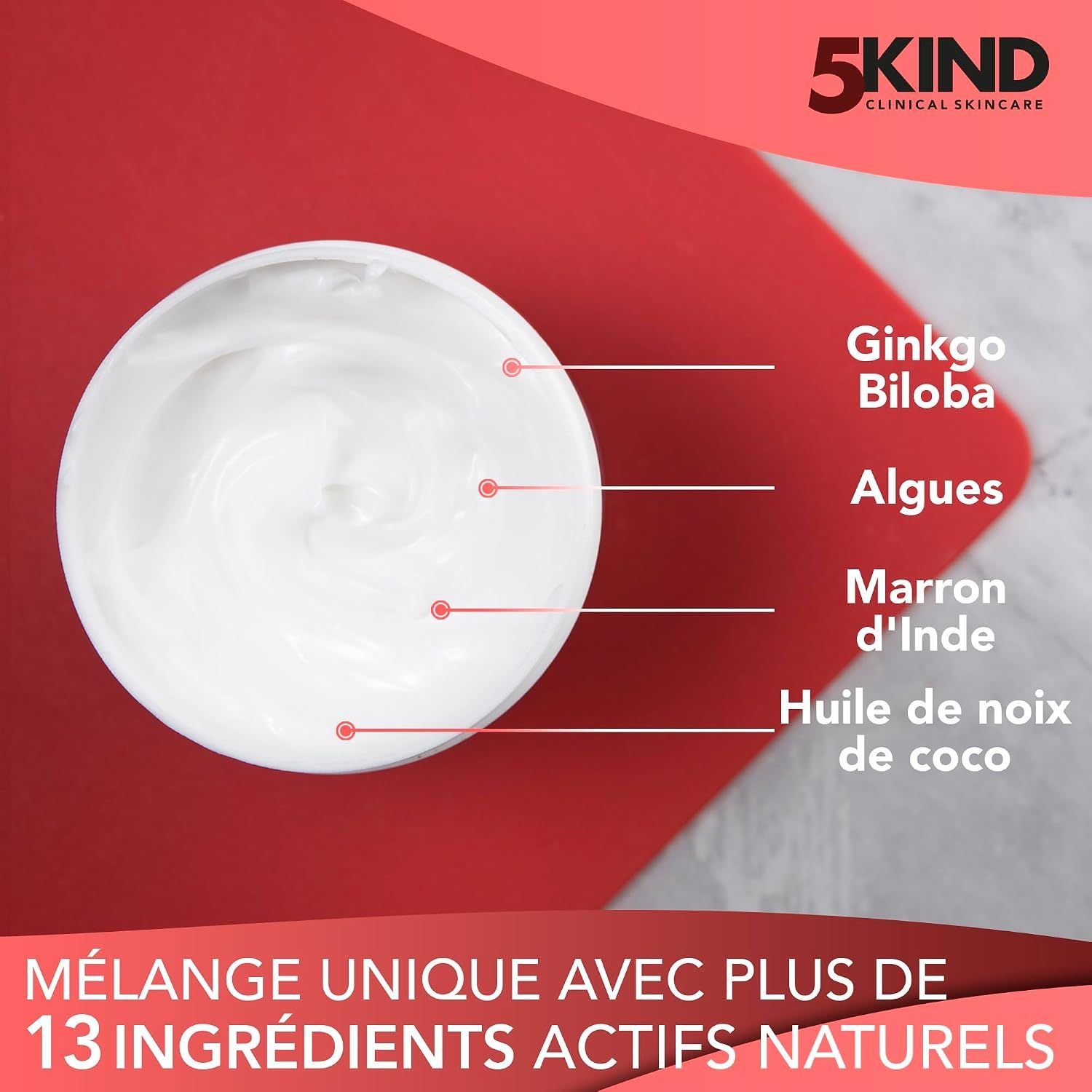 Pot de crème blanc avec ingrédients visibles : Ginkgo Biloba, Algues, Marron d'Inde, Huile de coco.