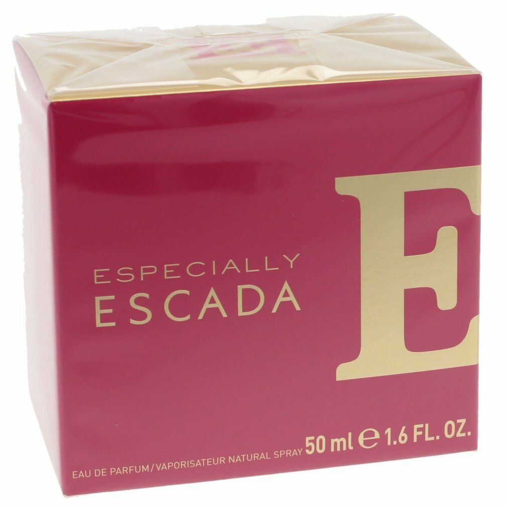 Emballage rose avec logo et texte dorés. Inscription ESPECIALLY ESCADA. Volume : 50 ml 1,6 FL. OZ.