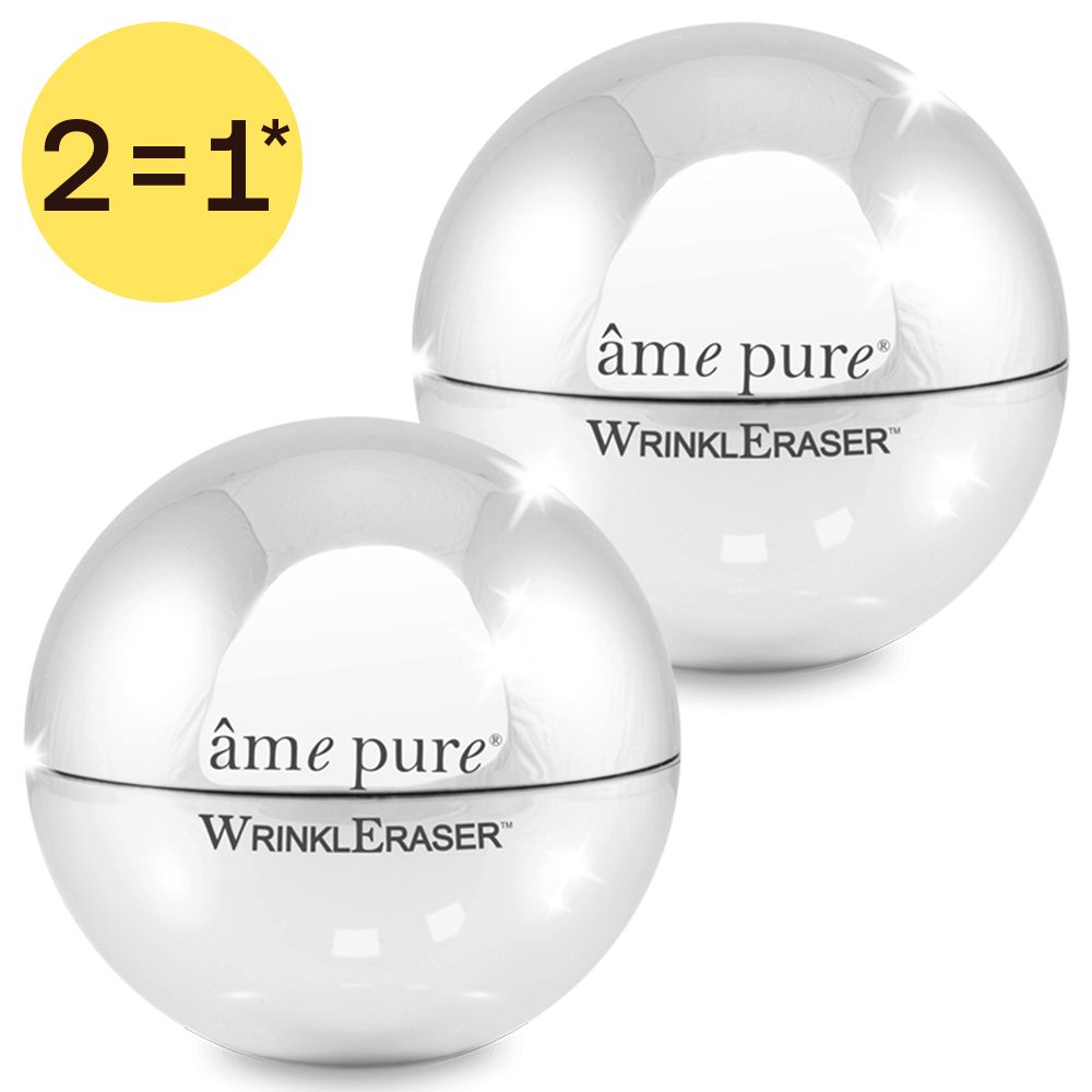 Deux pots argentés avec crème blanche, étiquetés "âme pure WrinklEraser". Cercle jaune "2=1".