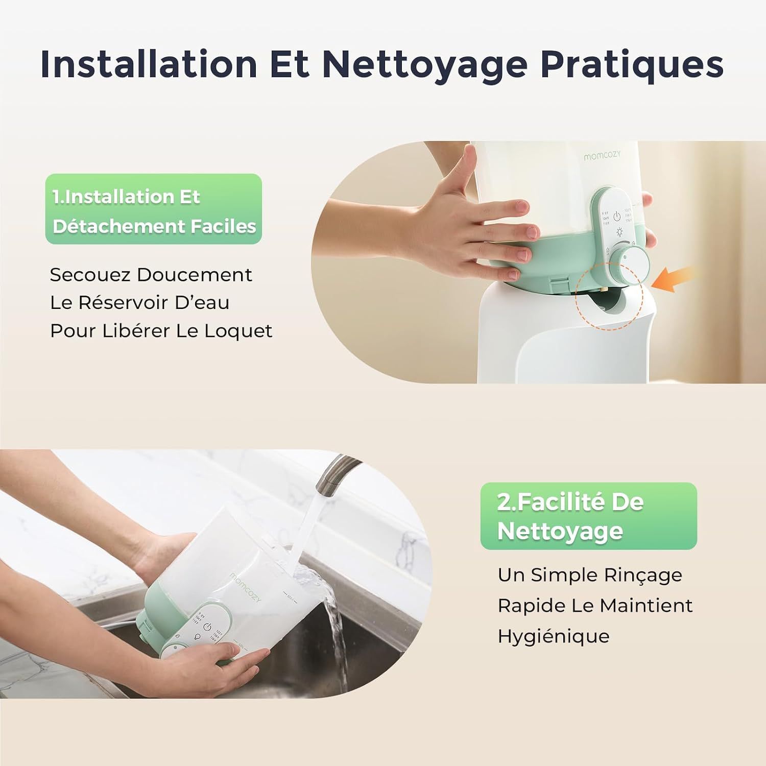 Guide d'installation et de nettoyage facile d'un appareil. Montre l'assemblage et le rinçage.