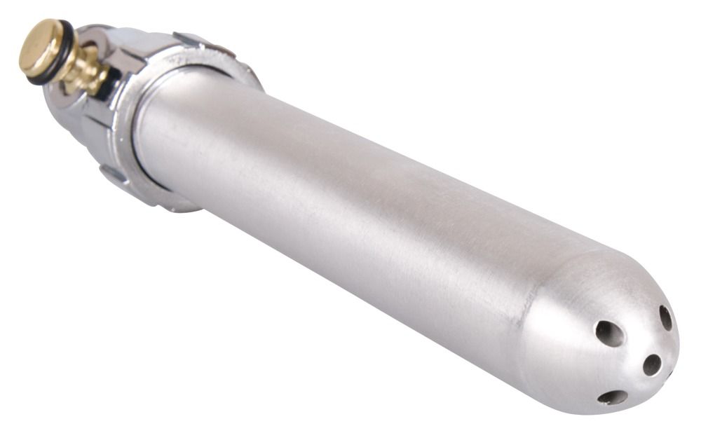 Douche intime en aluminium. Corps cylindrique, bout arrondi et plusieurs buses. Raccords chromés.