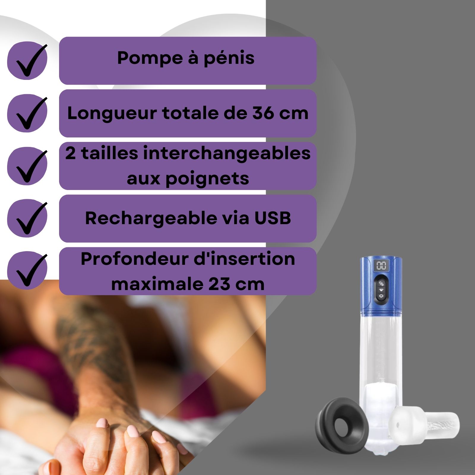 Pompe à pénis avec texte: Pompe, 36cm longueur, 2 manchons, USB, 23cm profondeur. Couple en arrière-plan.