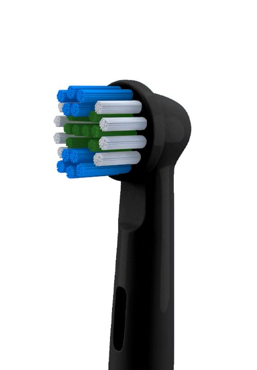 Tête de brosse avec soies bleues, vertes et blanches. Manche noir. Gros plan.