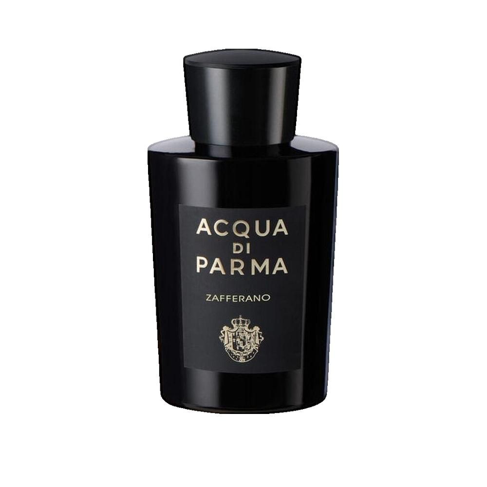 Zwarte fles met zwarte dop. Opschrift: ACQUA DI PARMA Zafferano. Logo en tekst in goud.