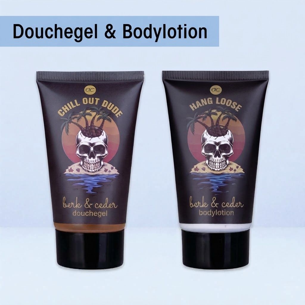 Twee donkere tubes met schedelontwerp: douchegel en bodylotion.