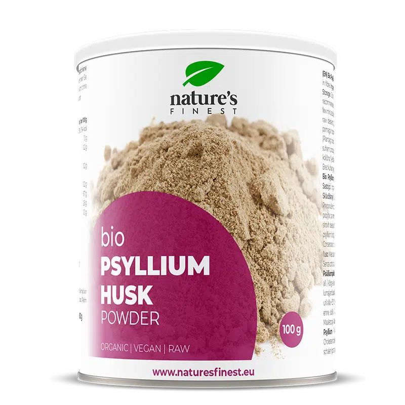 Boîte de poudre de psyllium bio. Étiquette : Nature's Finest, Bio Psyllium Husk Powder, 100g.