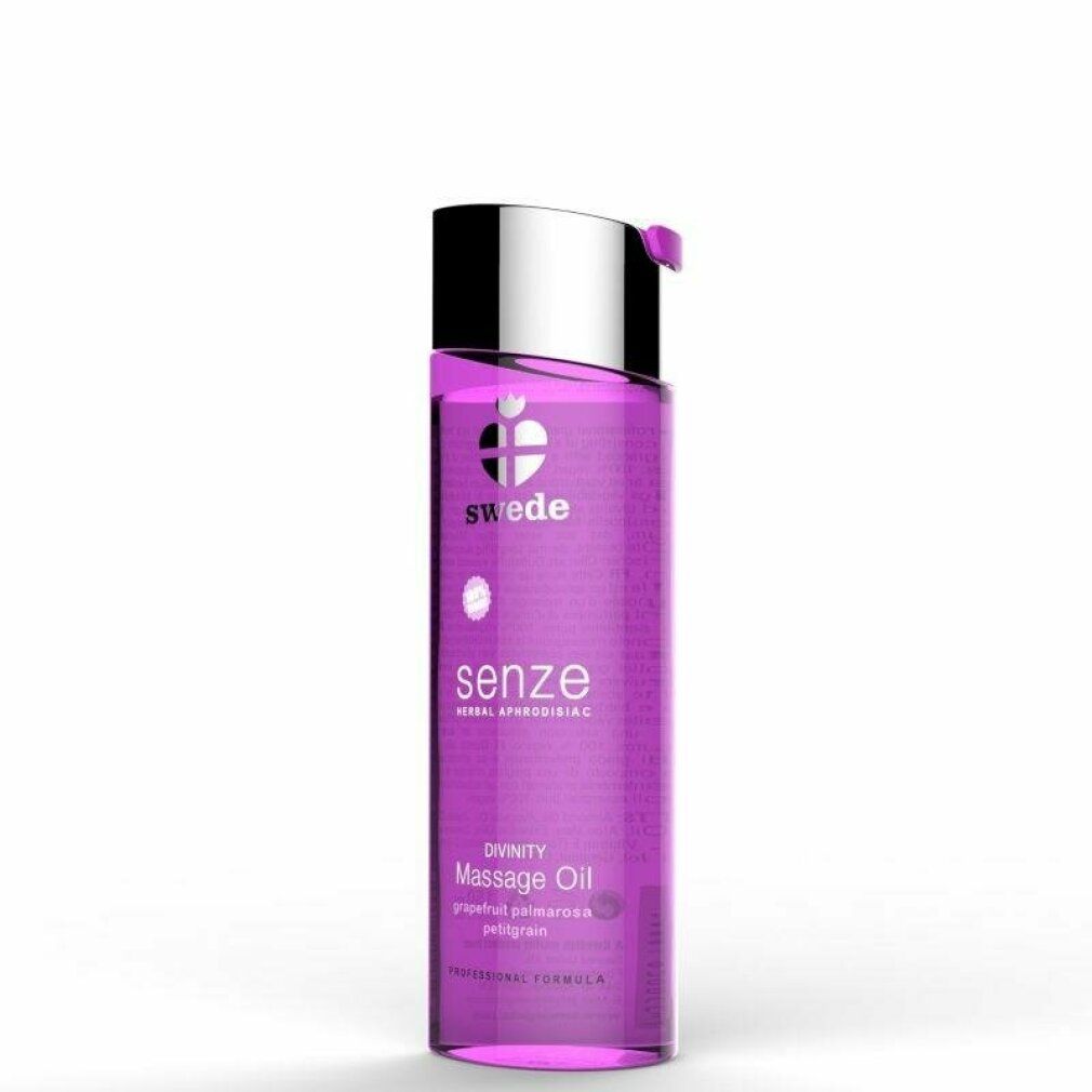 Bouteille violette avec bouchon argenté, Huile de massage Swede Senze Divinity.