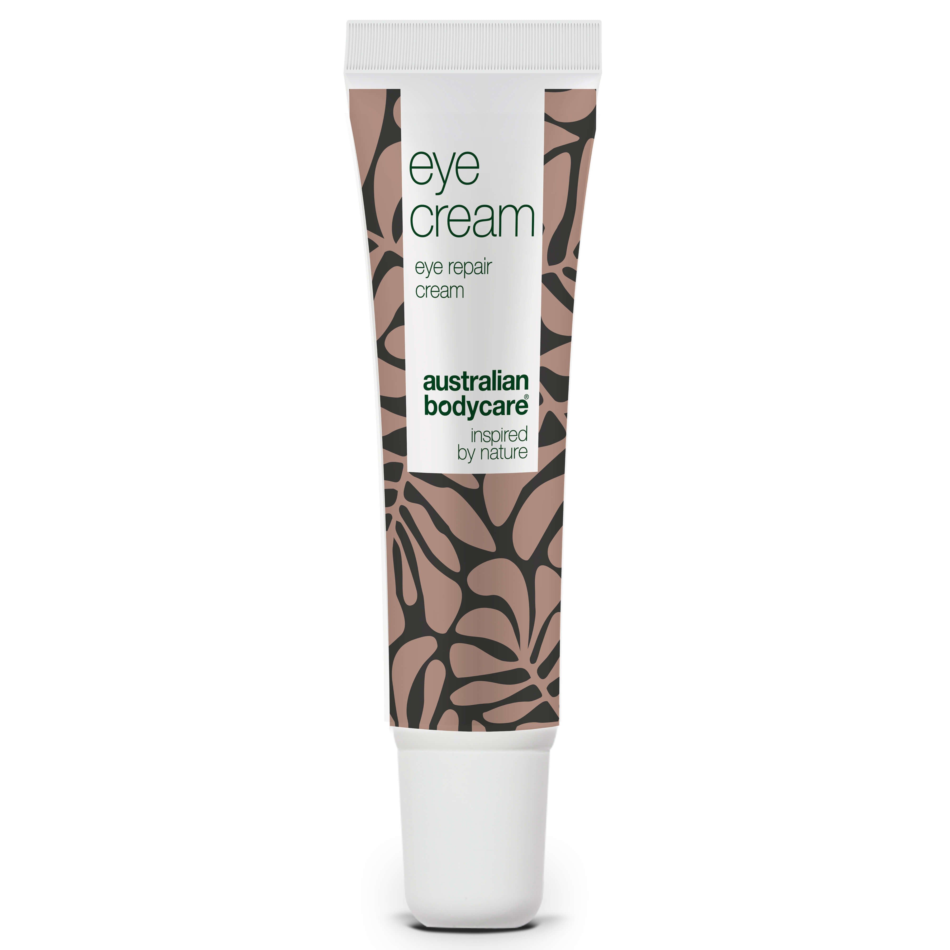 Tube de crème pour les yeux. Inscription: Eye Cream, Australian Bodycare. Motif marron et blanc.