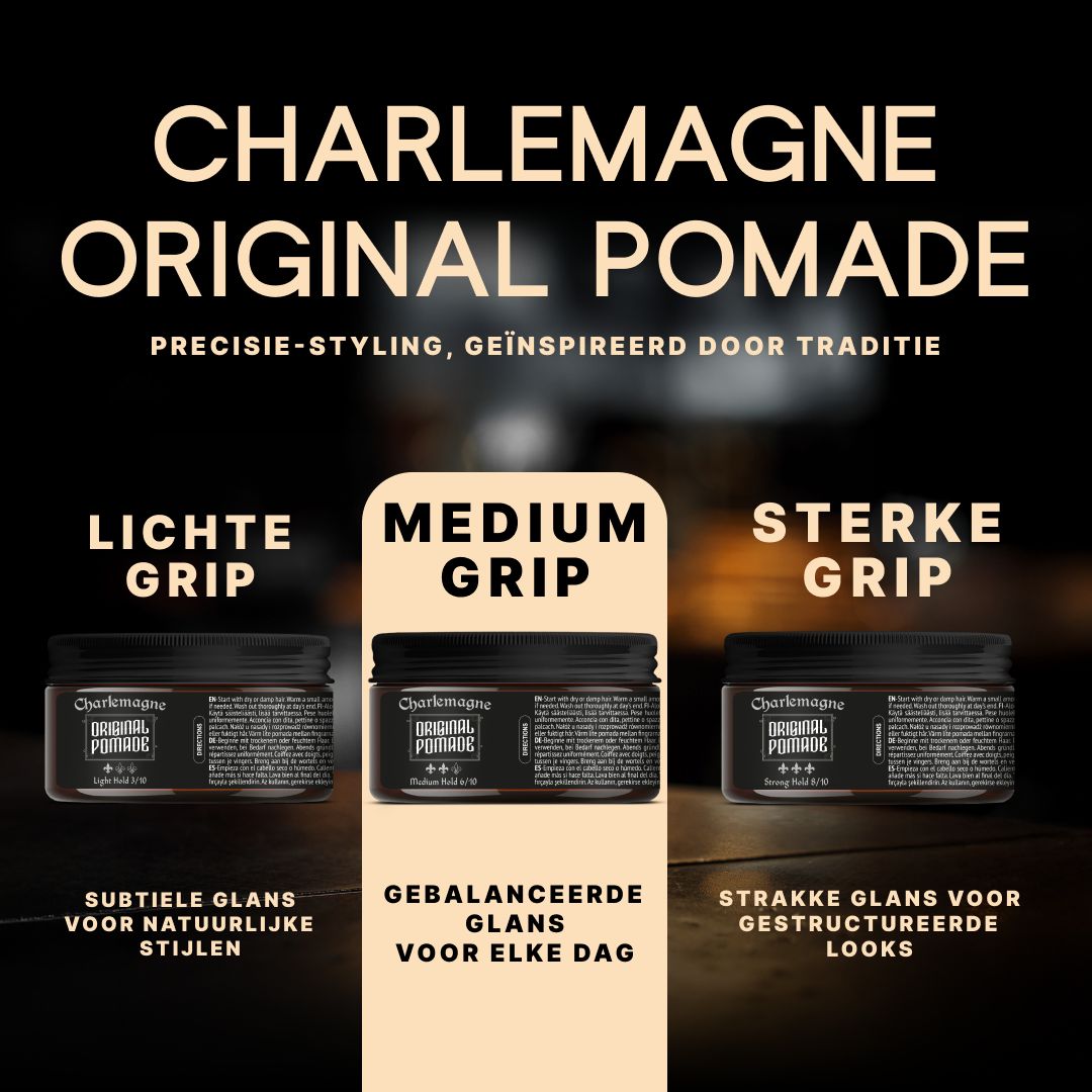 Drie potten Charlemagne Original Pomade met verschillende gripniveaus: Licht, Medium, Sterk.